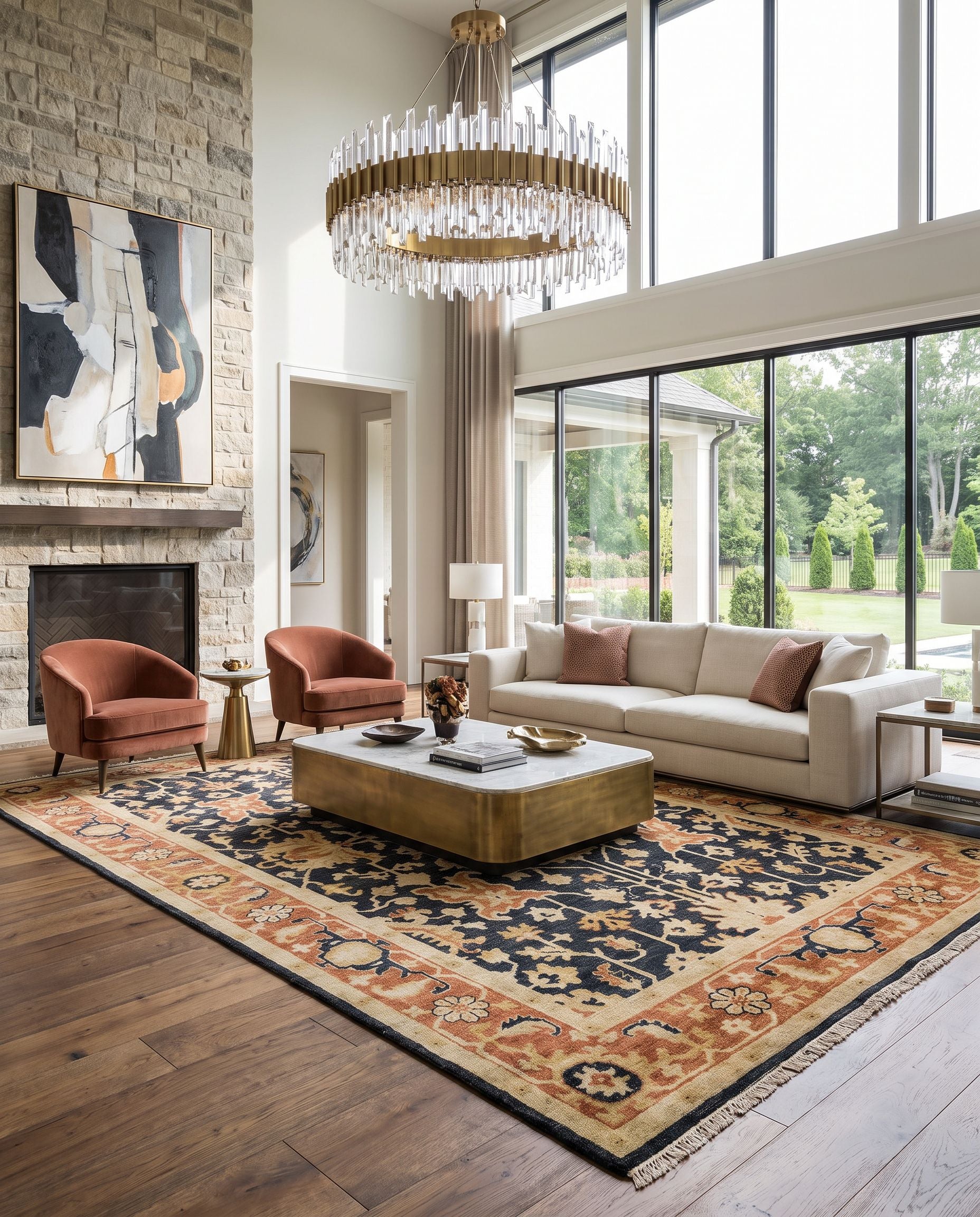 Taj Mahal TJ-6599 Hand Knotted Rug styled in an elegant designer living room — hand knotted traditional area rug in black, burnt orange, tan and mustard tones