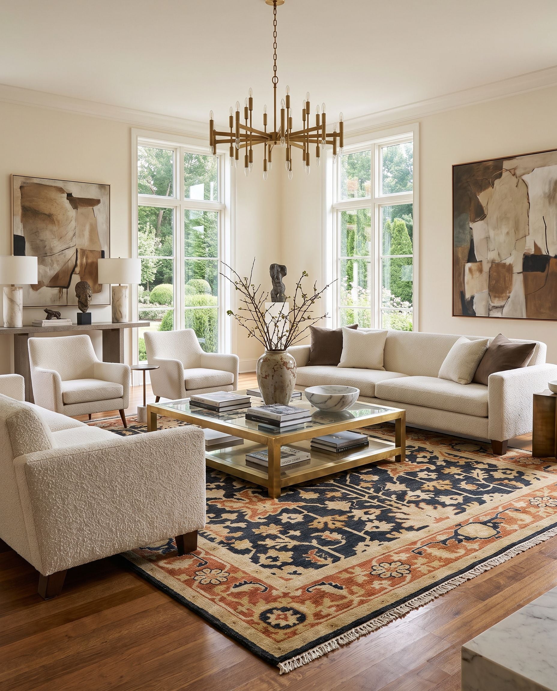 Taj Mahal TJ-6599 Hand Knotted Rug styled in an elegant designer living room — hand knotted traditional area rug in black, burnt orange, tan and mustard tones