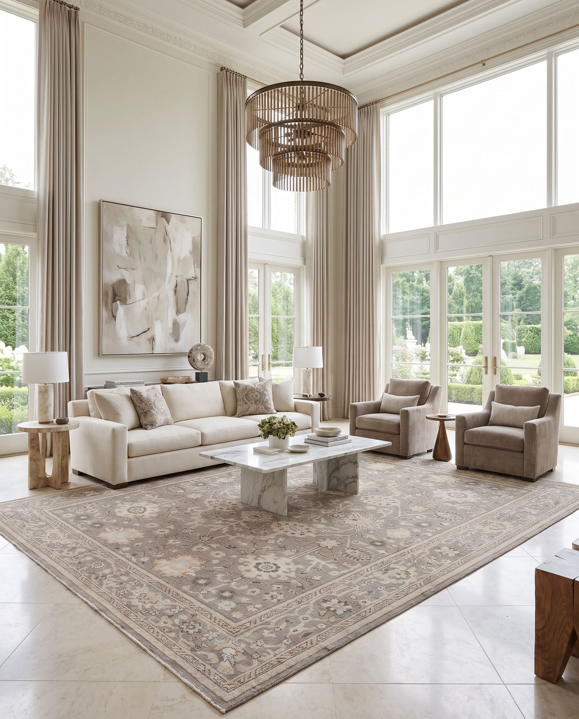 Tokat TKT-2300 Hand Knotted Rug as the centerpiece of a bright luxury living room — a hand knotted traditional area rug in charcoal and oatmeal tones