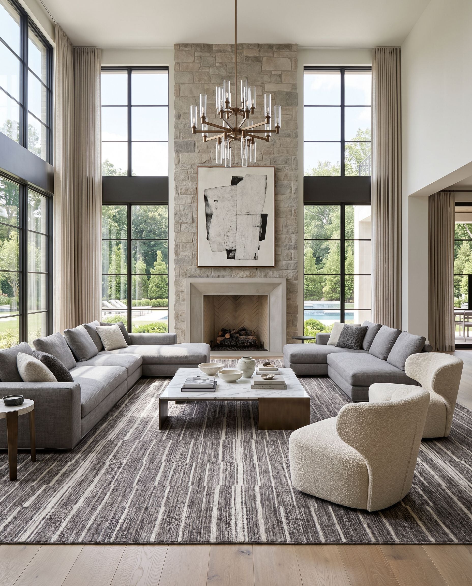 Tamaris TMI-2301 Hand Woven Rug as the centerpiece of a bright luxury living room — a hand woven global area rug in charcoal, cream, gray and light gray tones