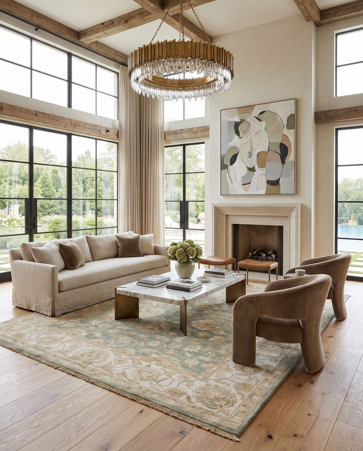 Temptress TMS-3000 Hand Knotted Rug as the centerpiece of a bright luxury living room — a hand knotted traditional area rug in sage, light sage, tan and medium gray tones
