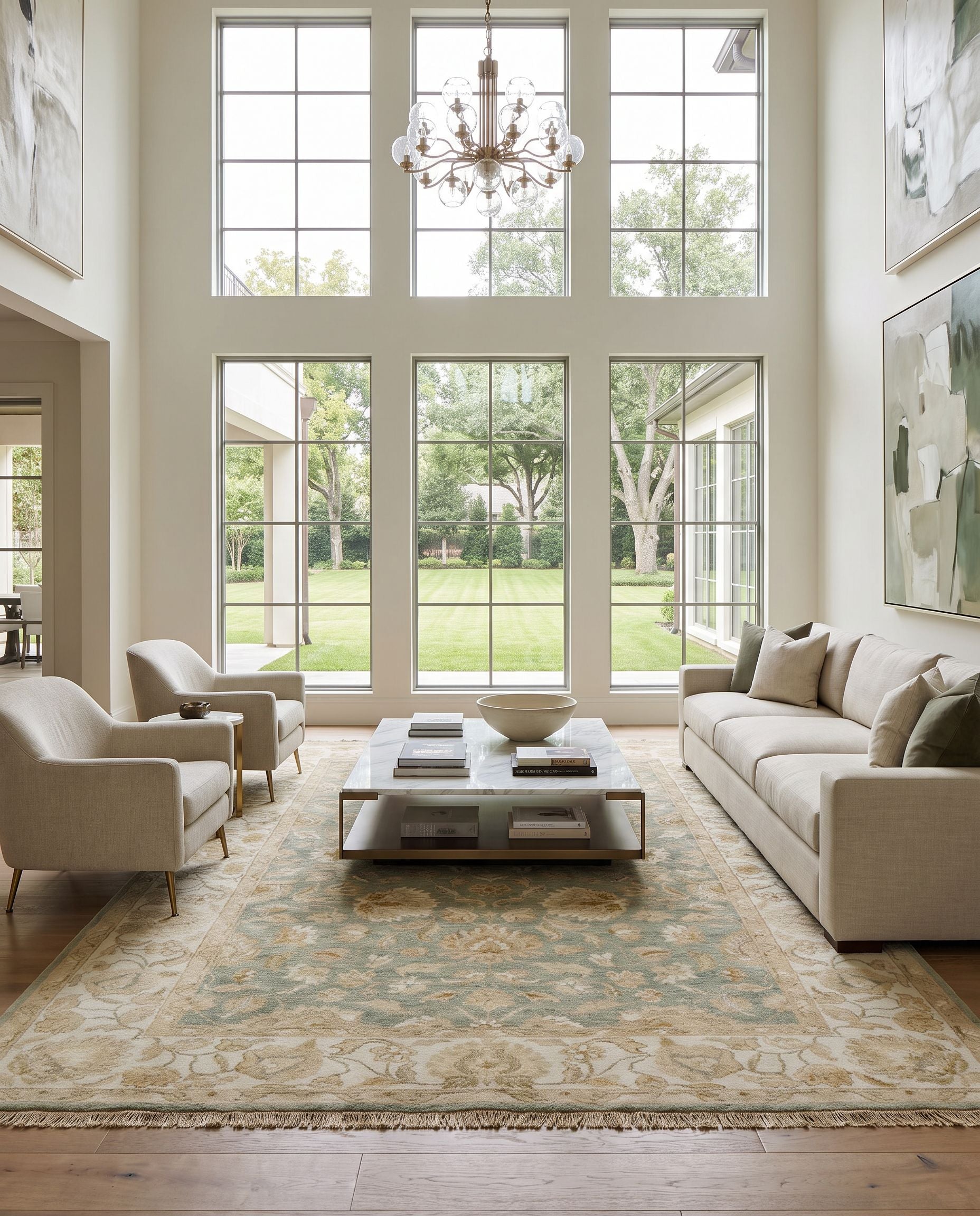 Temptress TMS-3000 Hand Knotted Rug styled in an elegant designer living room — hand knotted traditional area rug in sage, light sage, tan and medium gray tones