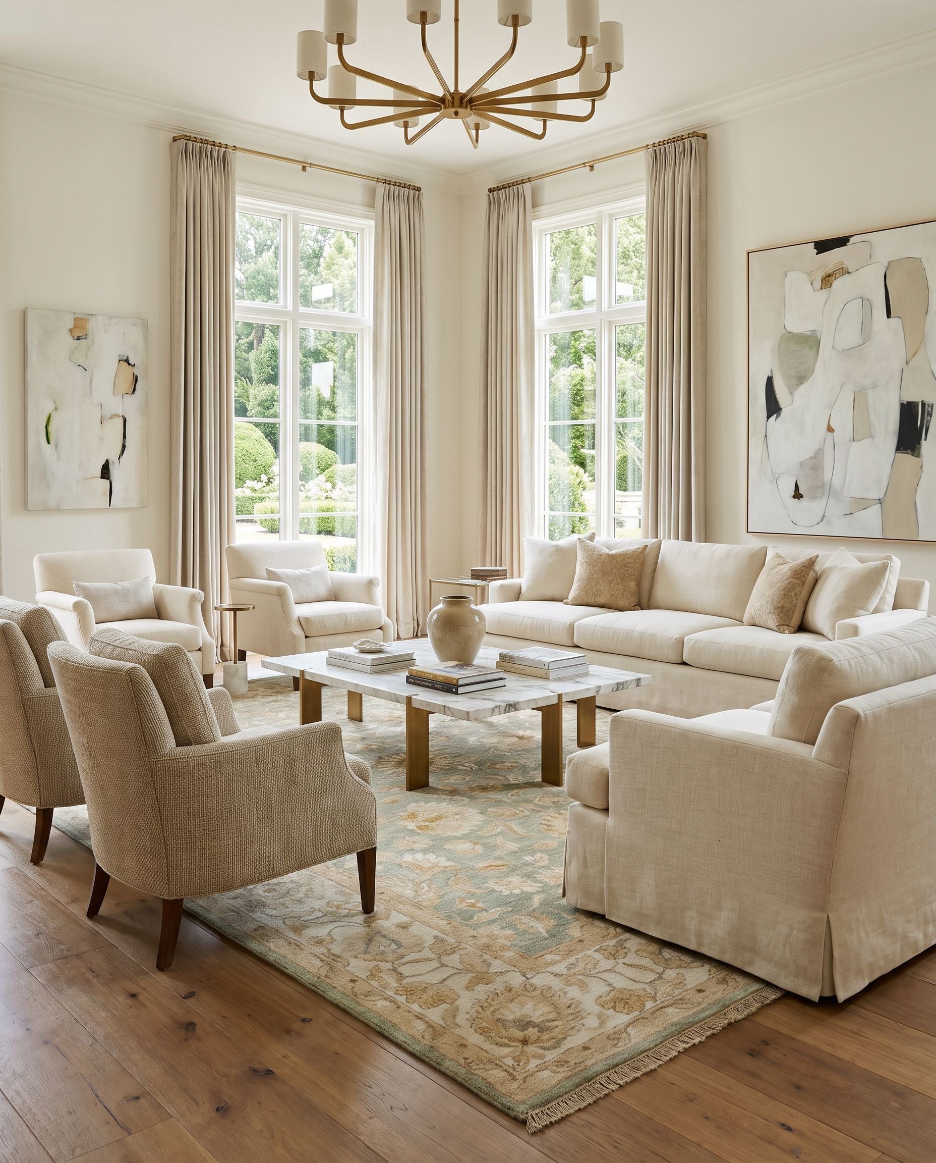 Temptress TMS-3000 Hand Knotted Rug styled in an elegant designer living room — hand knotted traditional area rug in sage, light sage, tan and medium gray tones