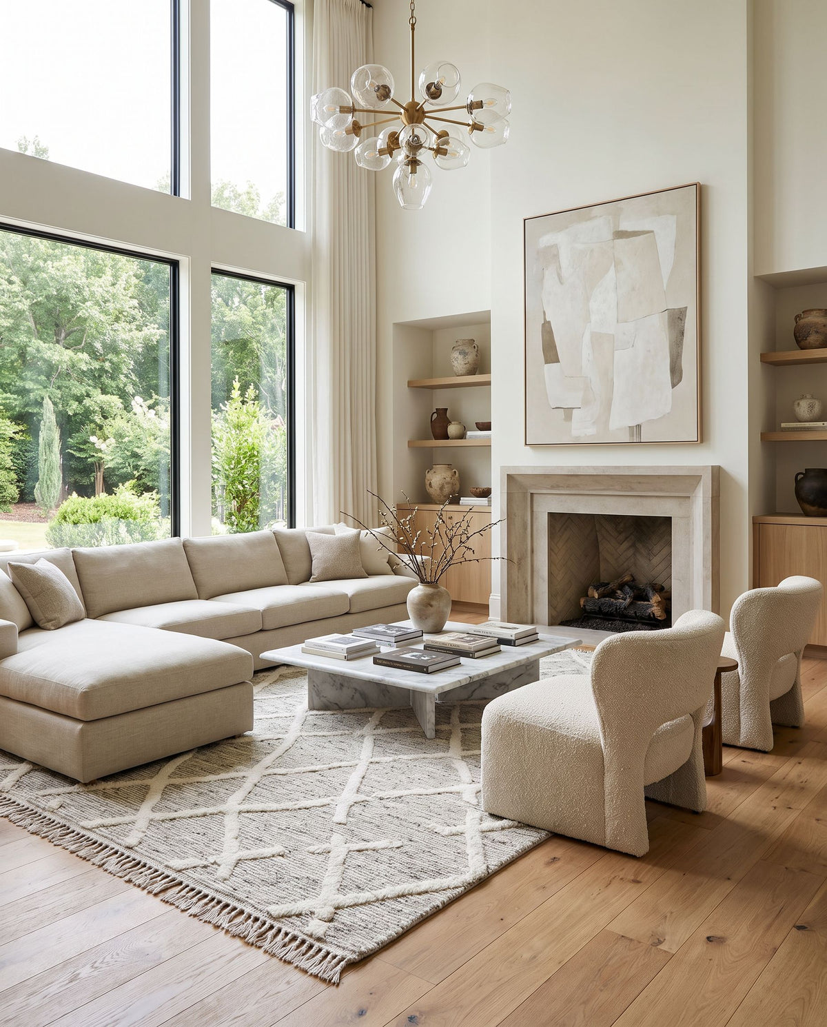 Tenerife TNF-2301 Hand Knotted Rug styled in an elegant designer living room — hand knotted global area rug in slate, beige, black and light gray tones