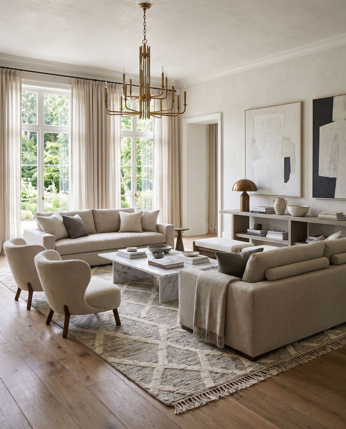 Tenerife TNF-2301 Hand Knotted Rug styled in an elegant designer living room — hand knotted global area rug in slate, beige, black and light gray tones
