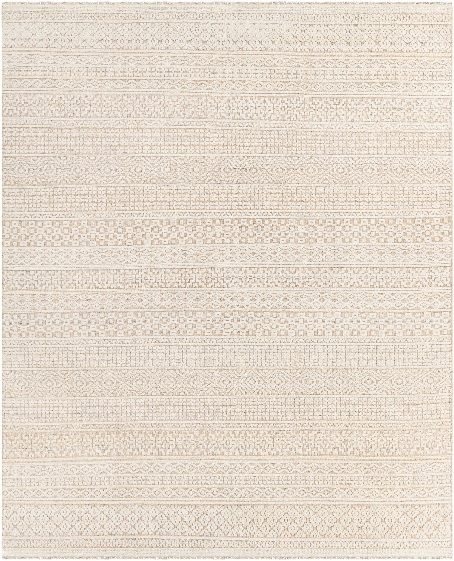 Tan Hand Knotted 20% Polyester, 20% Viscose, 60% Wool Global Rectangle Handmade rug, Indoor use only, has fringe, non-washable.