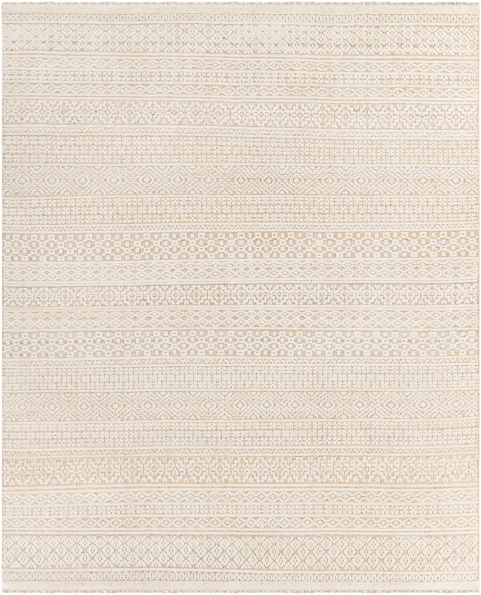 Tan Hand Knotted 20% Polyester, 20% Viscose, 60% Wool Global Rectangle Handmade rug, Indoor use only, has fringe, non-washable.