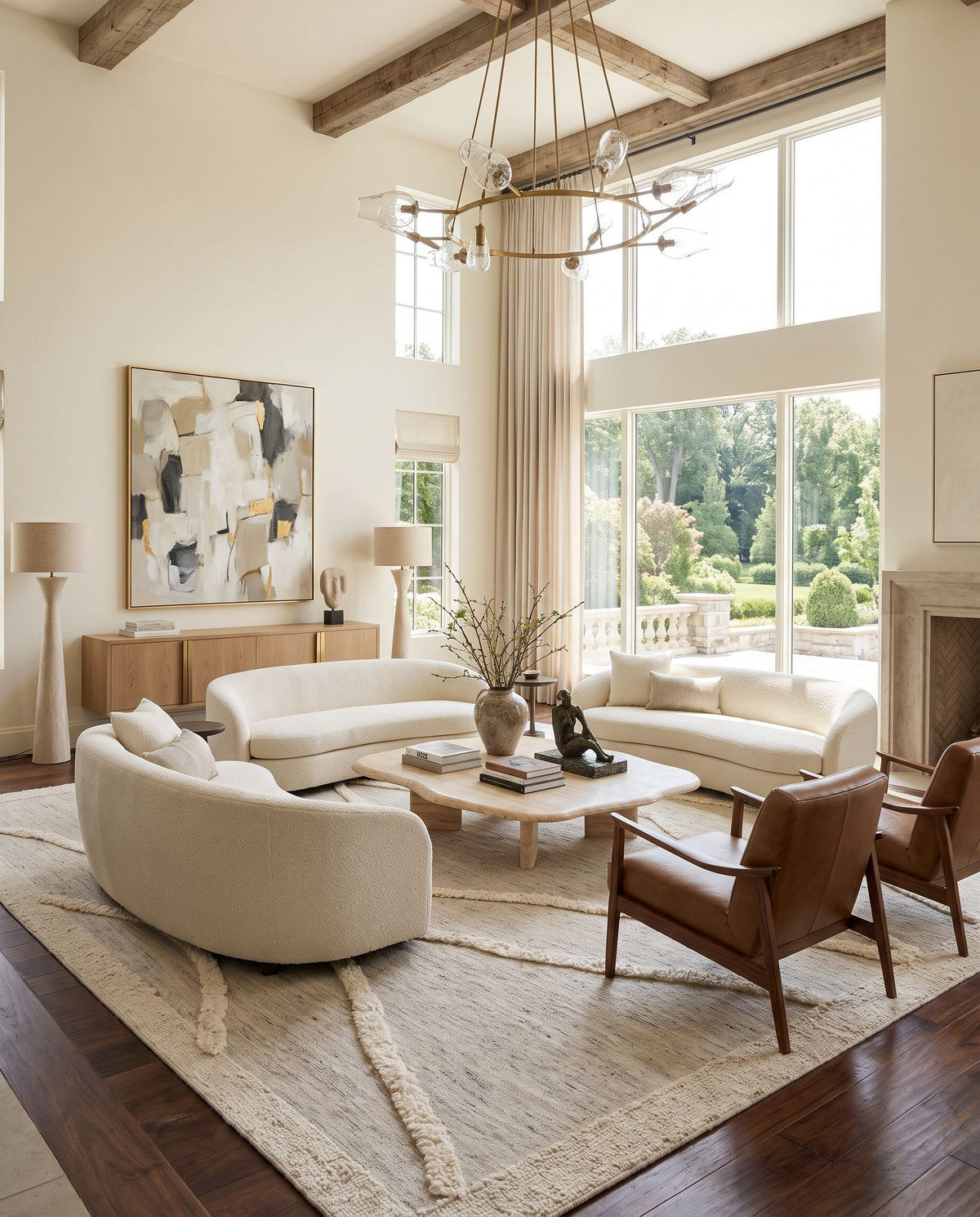 Tripoli TRP-2300 Hand Knotted Rug as the centerpiece of a bright luxury living room — a hand knotted global area rug in beige, cream and charcoal tones
