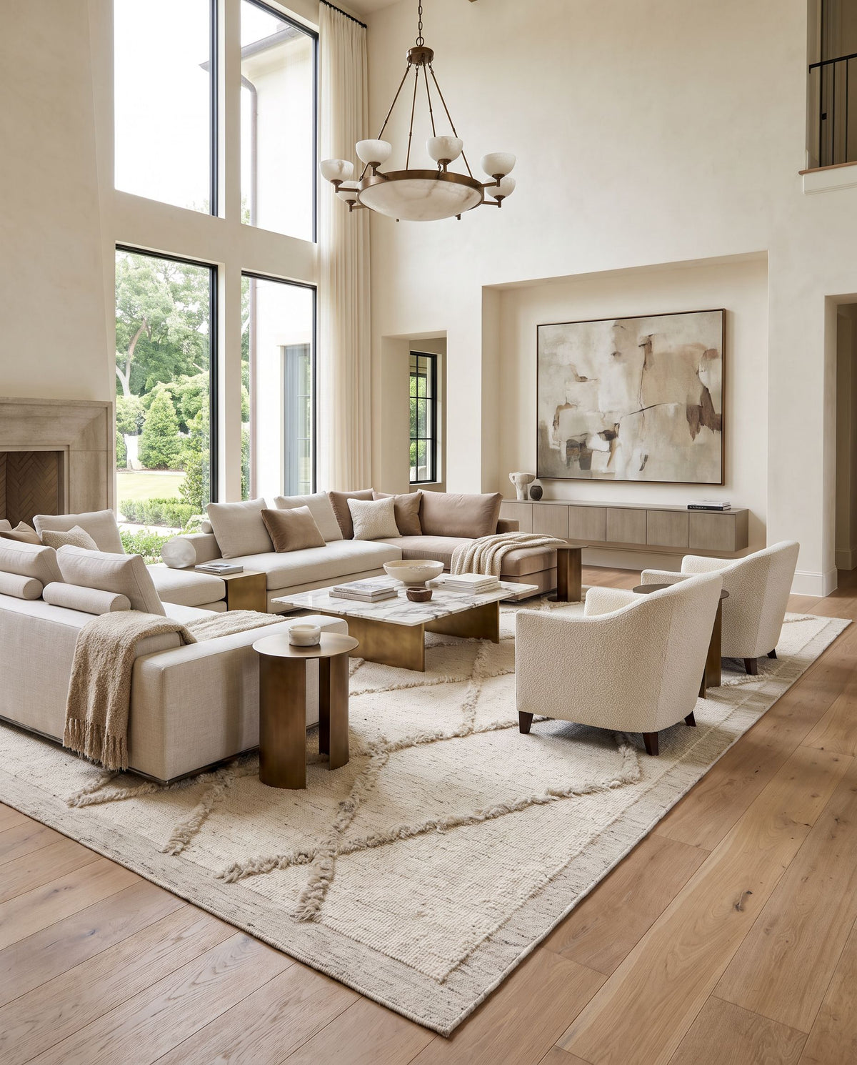 Tripoli TRP-2301 Hand Knotted Rug as the centerpiece of a bright luxury living room — a hand knotted global area rug in cream, charcoal and beige tones