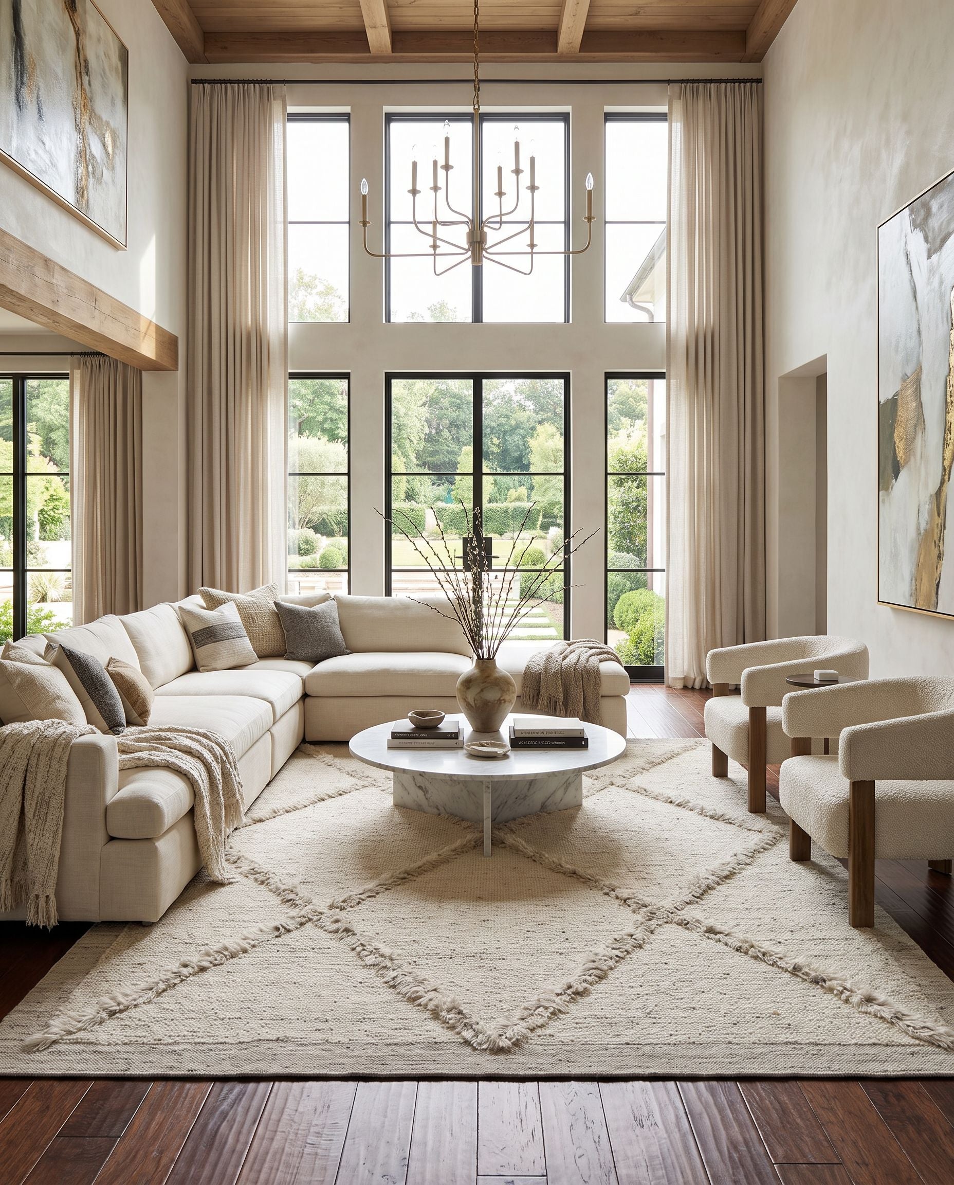Tripoli TRP-2302 Hand Knotted Rug as the centerpiece of a bright luxury living room — a hand knotted global area rug in cream, beige and charcoal tones