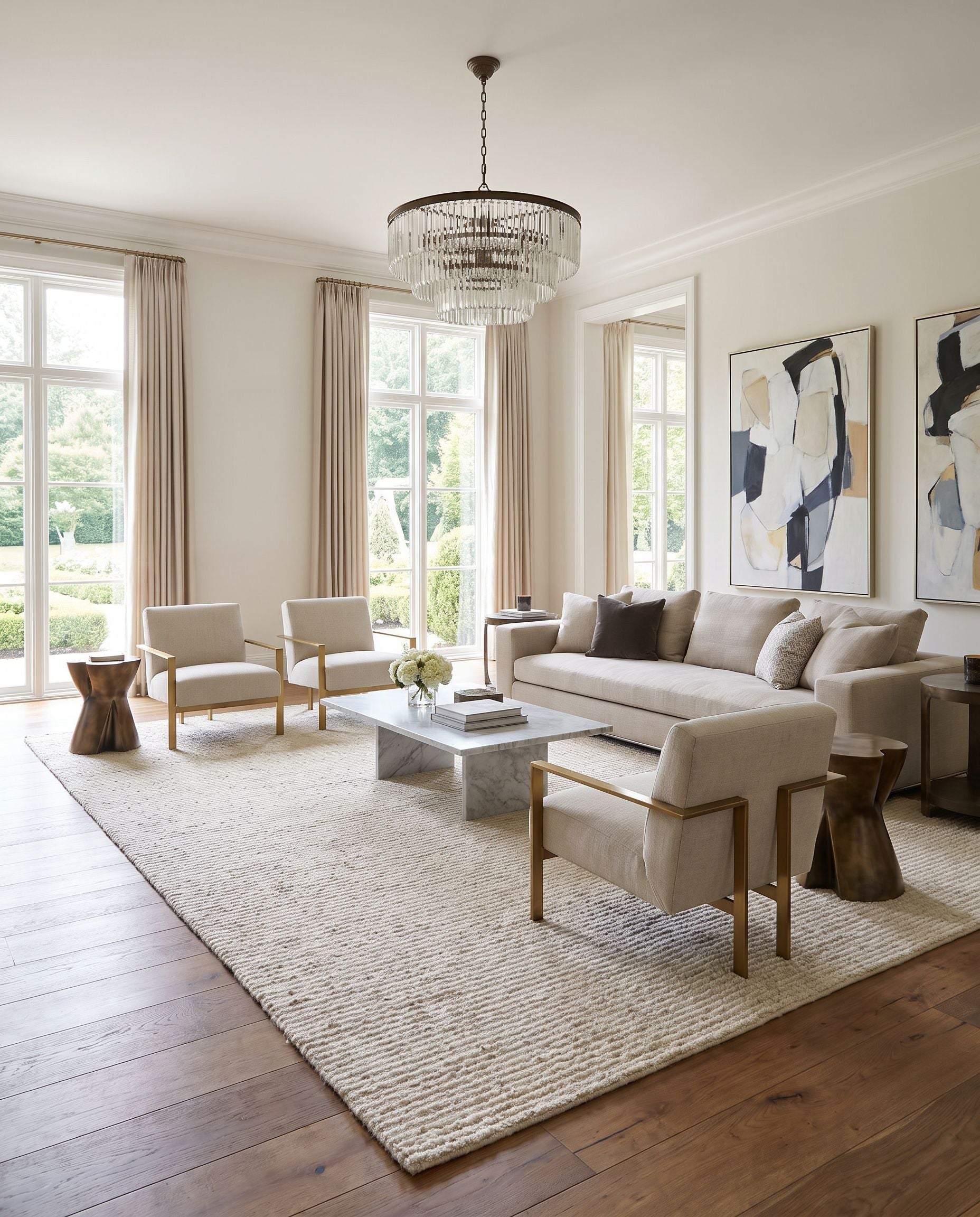 Totenham TTH-2302 Hand Woven Rug styled in an elegant designer living room — hand woven modern area rug in cream tones
