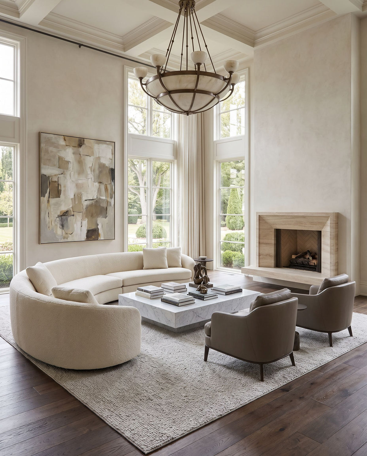 Timbuktu TTU-2301 Hand Woven Rug as the centerpiece of a bright luxury living room — a hand woven contemporary area rug in natural gray tones