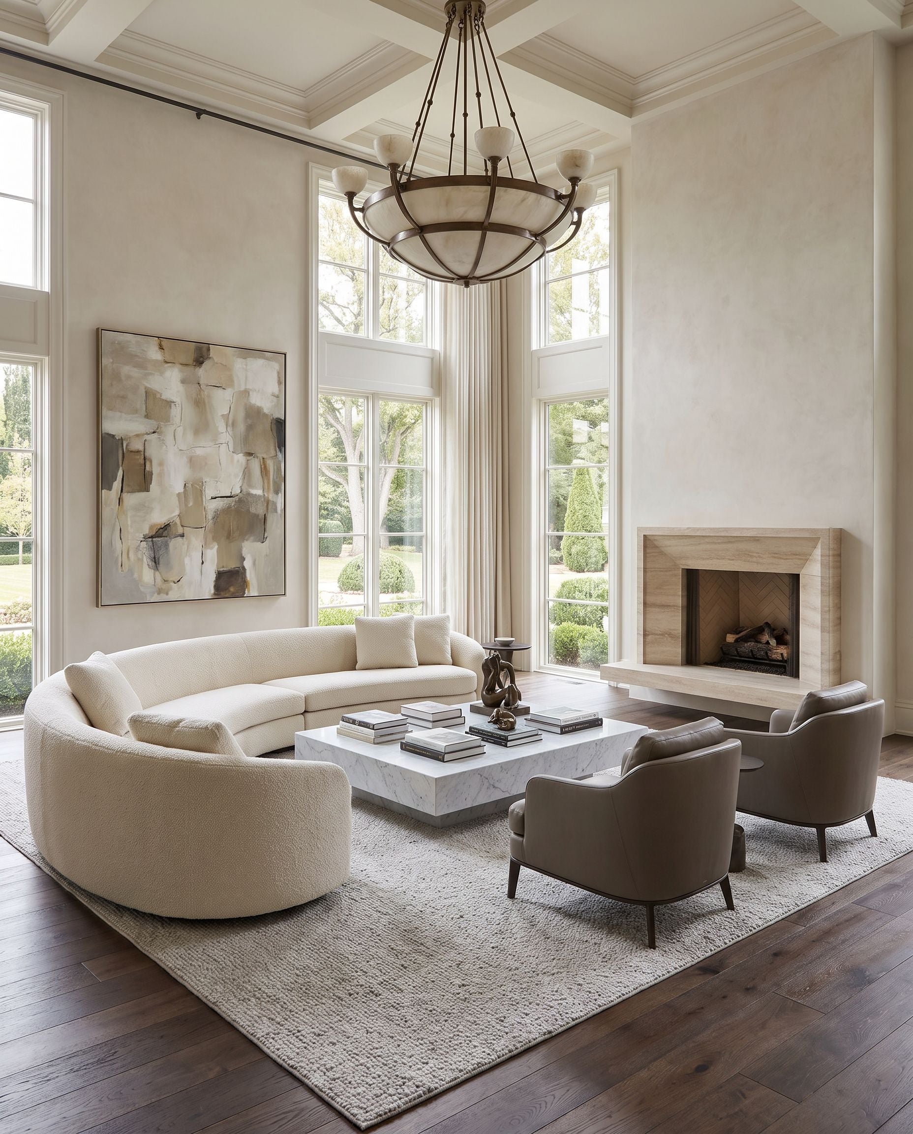 Timbuktu TTU-2301 Hand Woven Rug as the centerpiece of a bright luxury living room — a hand woven contemporary area rug in natural gray tones