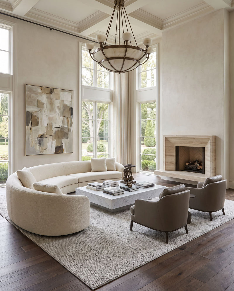 Timbuktu TTU-2301 Hand Woven Rug as the centerpiece of a bright luxury living room — a hand woven contemporary area rug in natural gray tones
