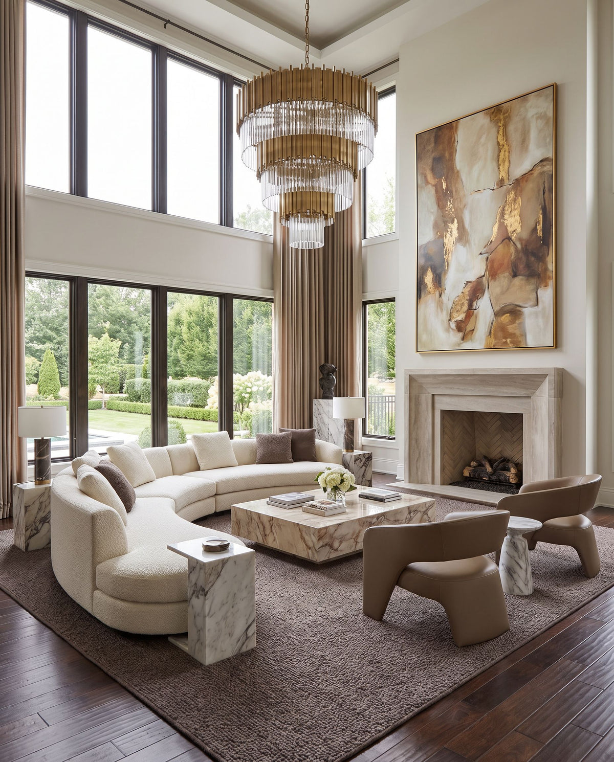 Timbuktu TTU-2302 Hand Woven Rug as the centerpiece of a bright luxury living room — a hand woven contemporary area rug in multi brown tones