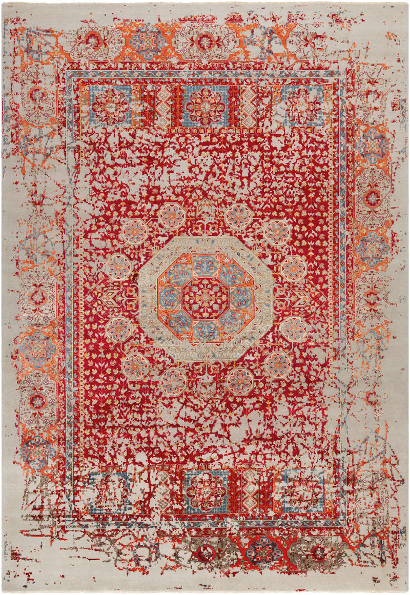 Red Hand Knotted 50% NZ Wool, 50% Viscose Modern Rectangle Handmade rug, Indoor use only, has fringe, non-washable.
