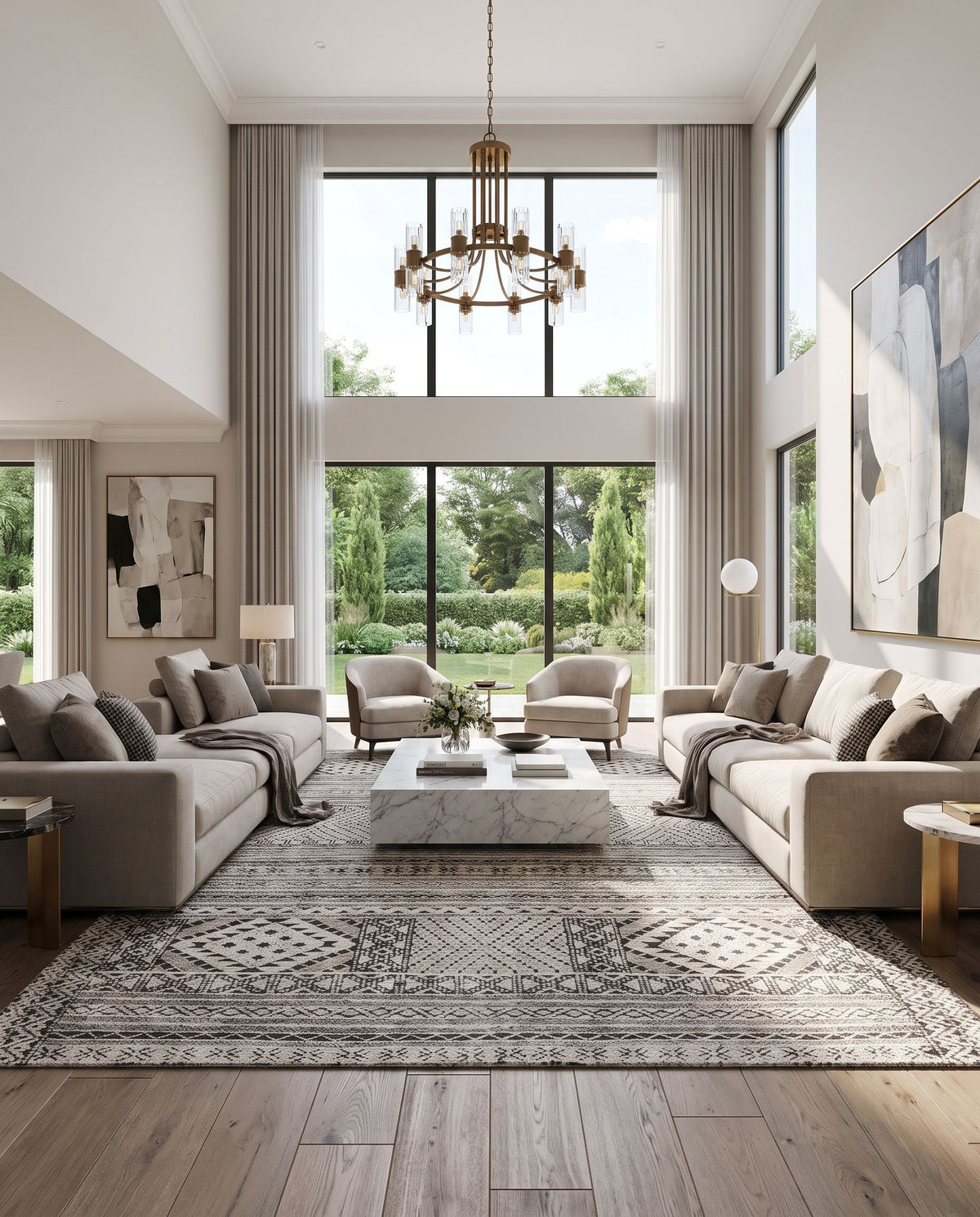 Tunus TUN-2304 Hand Knotted Rug as the centerpiece of a bright luxury living room — a hand knotted global area rug in black, off-white and charcoal tones