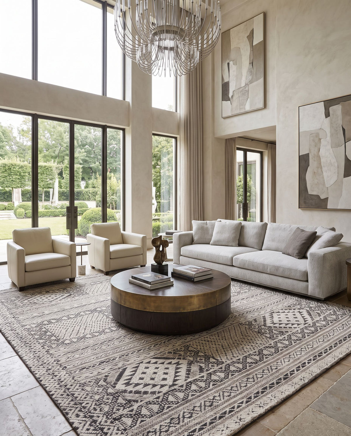 Tunus TUN-2304 Hand Knotted Rug styled in an elegant designer living room — hand knotted global area rug in black, off-white and charcoal tones