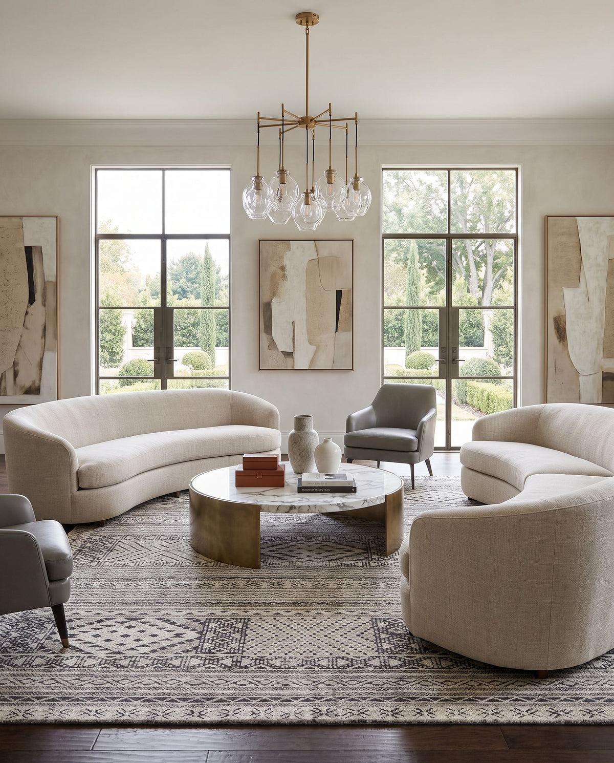 Tunus TUN-2304 Hand Knotted Rug styled in an elegant designer living room — hand knotted global area rug in black, off-white and charcoal tones