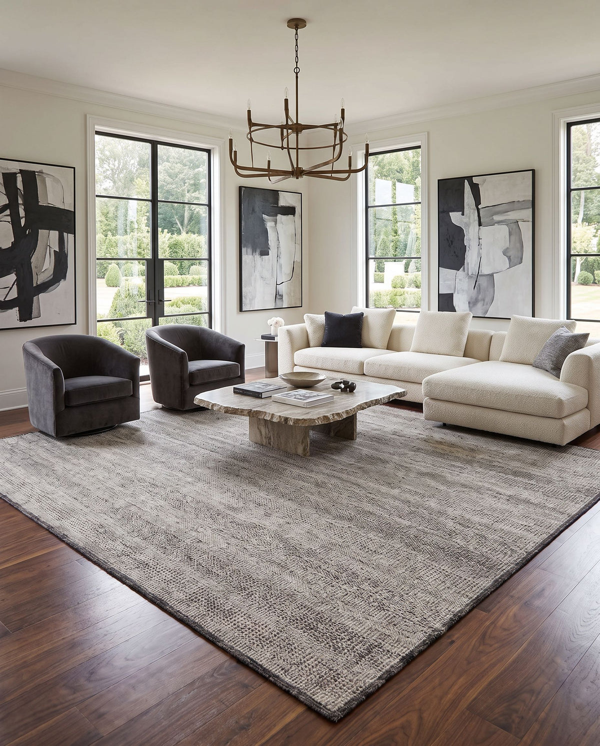 Tunus TUN-2305 Hand Knotted Rug styled in an elegant designer living room — hand knotted global area rug in gray, off-white, black and light sage tones
