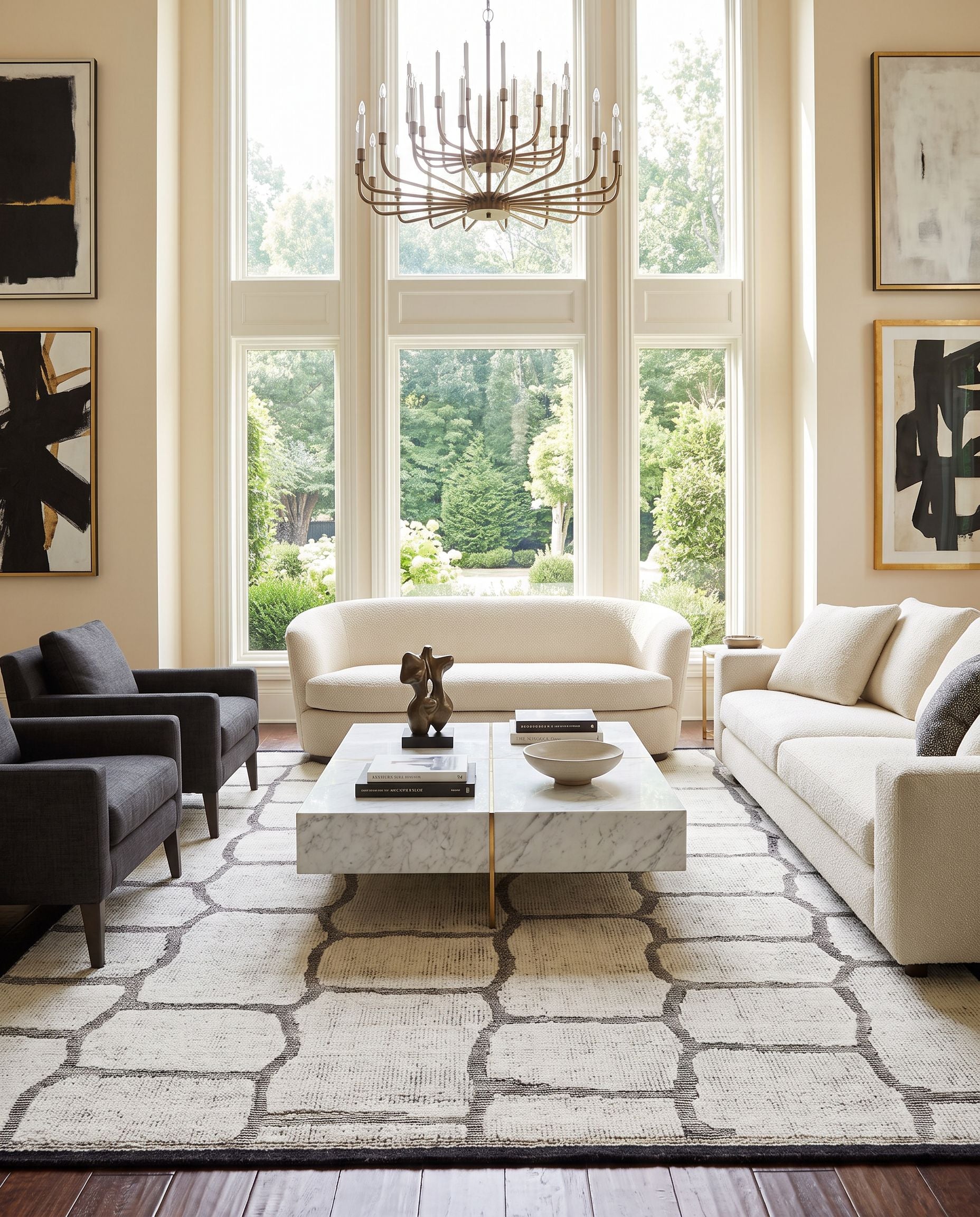 Tunus TUN-2309 Hand Knotted Rug as the centerpiece of a bright luxury living room — a hand knotted modern area rug in black and cream tones