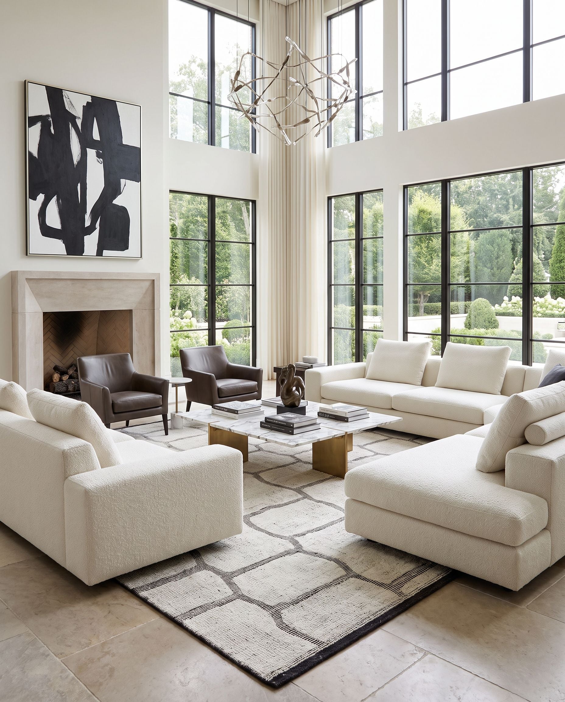 Tunus TUN-2309 Hand Knotted Rug styled in an elegant designer living room — hand knotted modern area rug in black and cream tones