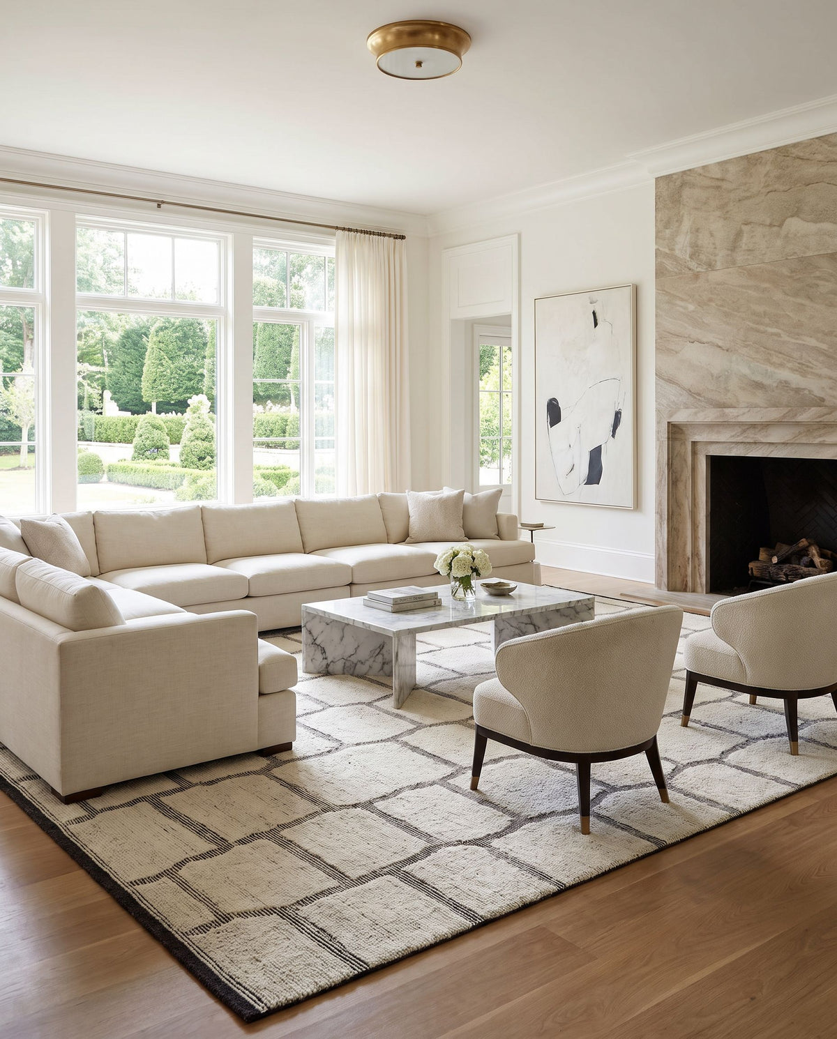 Tunus TUN-2309 Hand Knotted Rug styled in an elegant designer living room — hand knotted modern area rug in black and cream tones