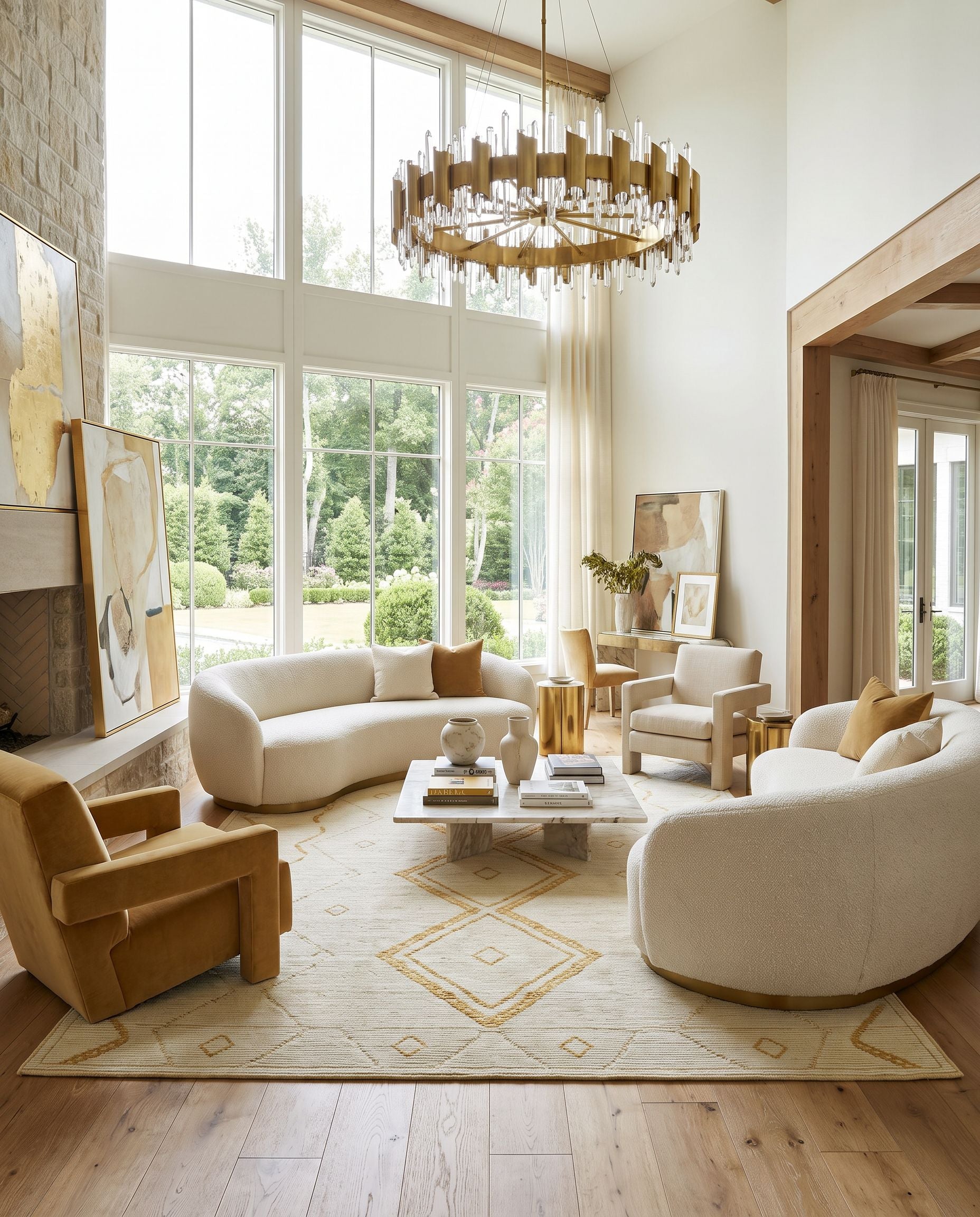 Tunus TUN-2322 Hand Knotted Rug as the centerpiece of a bright luxury living room — a hand knotted modern area rug in ivory, goldenrod and sand tones