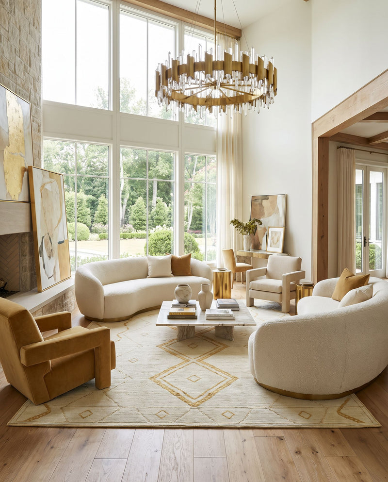 Tunus TUN-2322 Hand Knotted Rug as the centerpiece of a bright luxury living room — a hand knotted modern area rug in ivory, goldenrod and sand tones