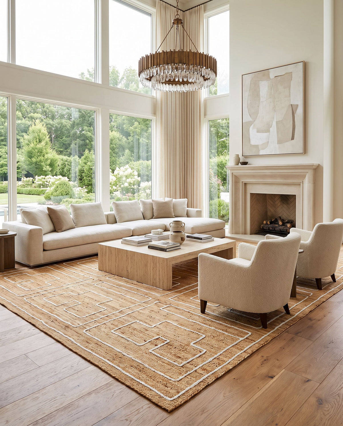 Luci UCI-2302 Hand Woven Rug as the centerpiece of a bright luxury living room — a hand woven modern area rug in tan tones