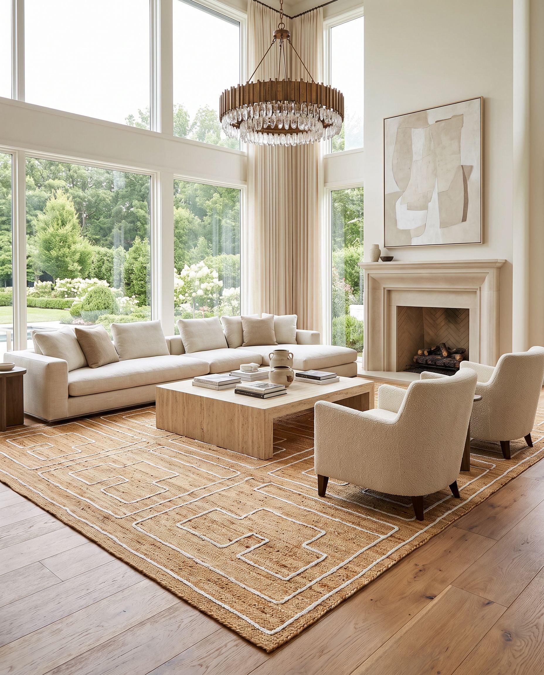 Luci UCI-2302 Hand Woven Rug as the centerpiece of a bright luxury living room — a hand woven modern area rug in tan tones