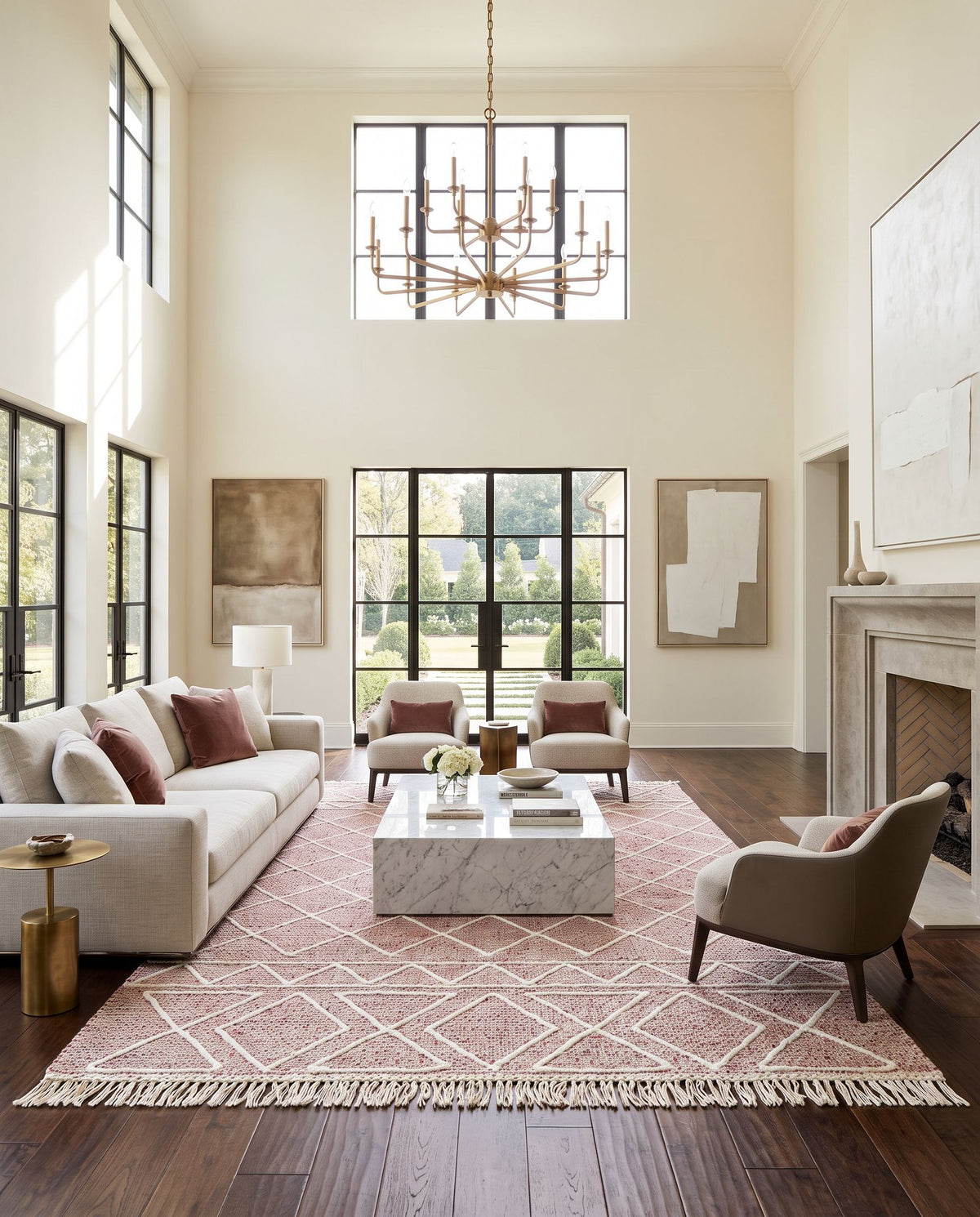 Uttar UTT-2305 Hand Woven Rug as the centerpiece of a bright luxury living room — a hand woven global area rug in burgundy, dusty pink and cream tones