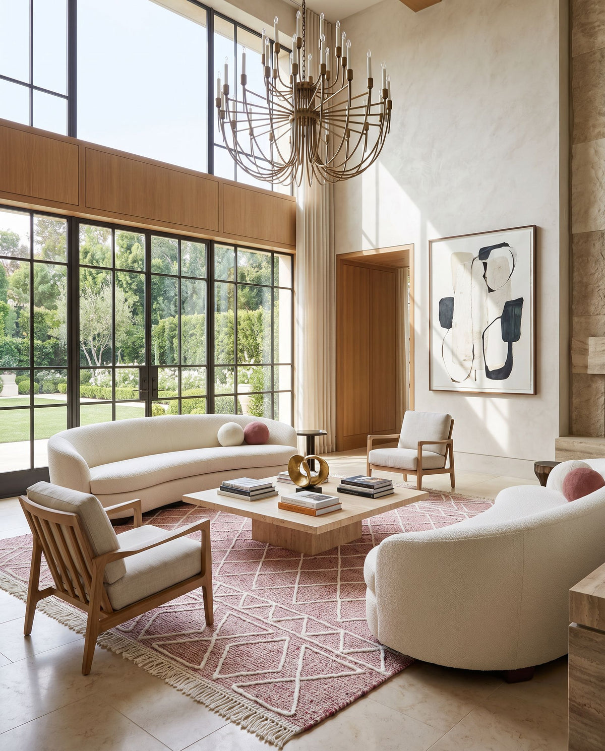 Uttar UTT-2305 Hand Woven Rug styled in an elegant designer living room — hand woven global area rug in burgundy, dusty pink and cream tones