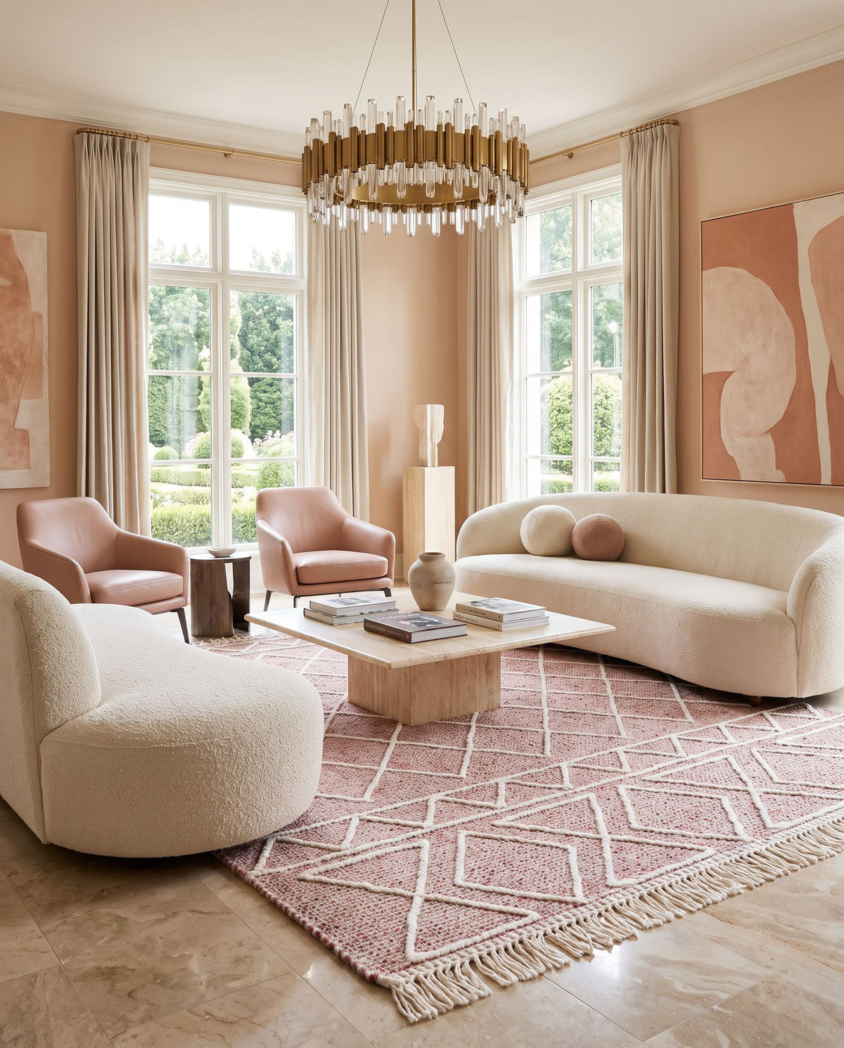 Uttar UTT-2305 Hand Woven Rug styled in an elegant designer living room — hand woven global area rug in burgundy, dusty pink and cream tones