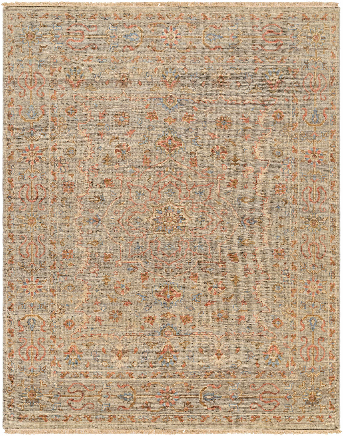 Dusty Coral Hand Knotted 90% Wool, 10% Cotton Traditional Rectangle Handmade rug, Indoor use only, has fringe, non-washable.