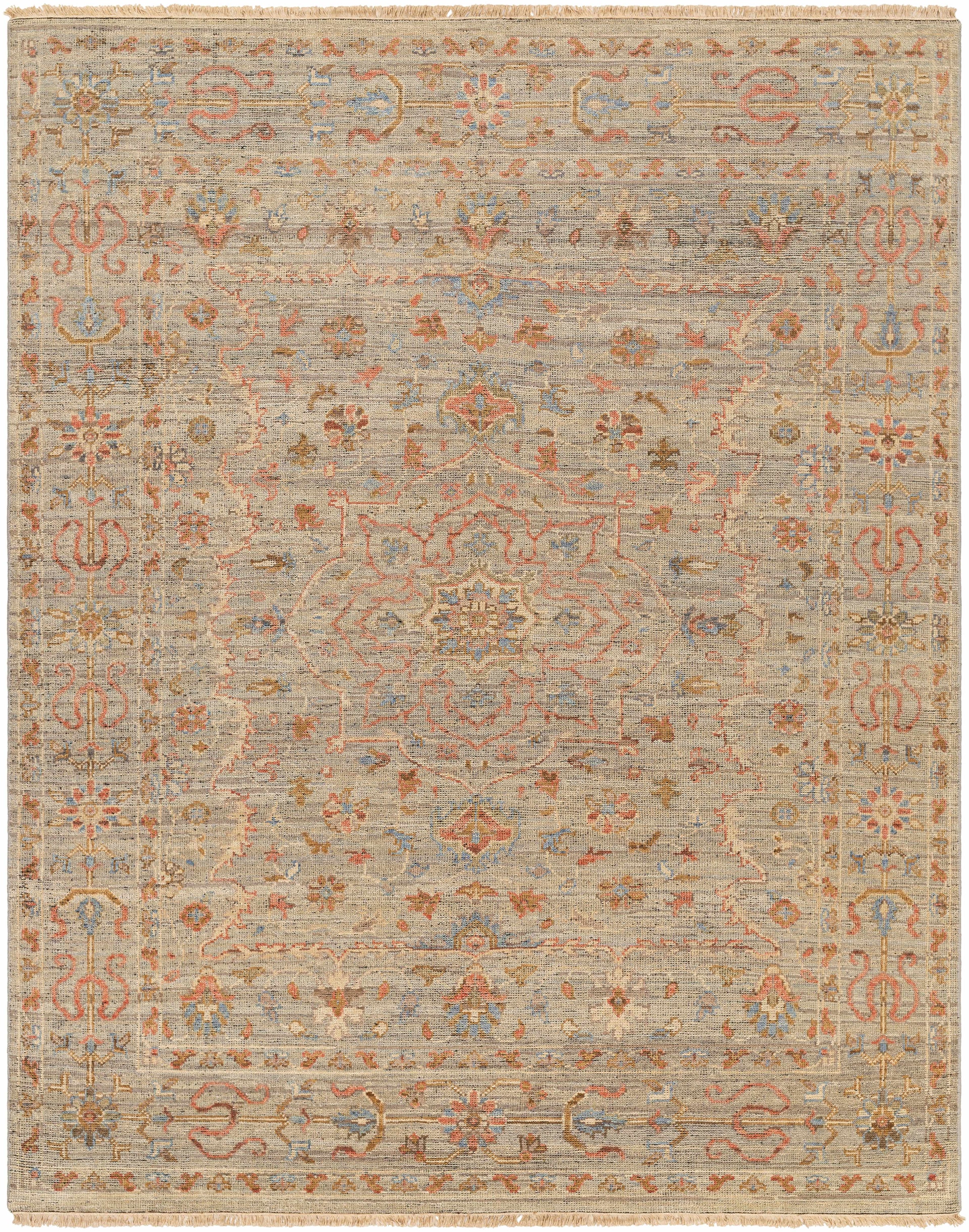 Dusty Coral Hand Knotted 90% Wool, 10% Cotton Traditional Rectangle Handmade rug, Indoor use only, has fringe, non-washable.