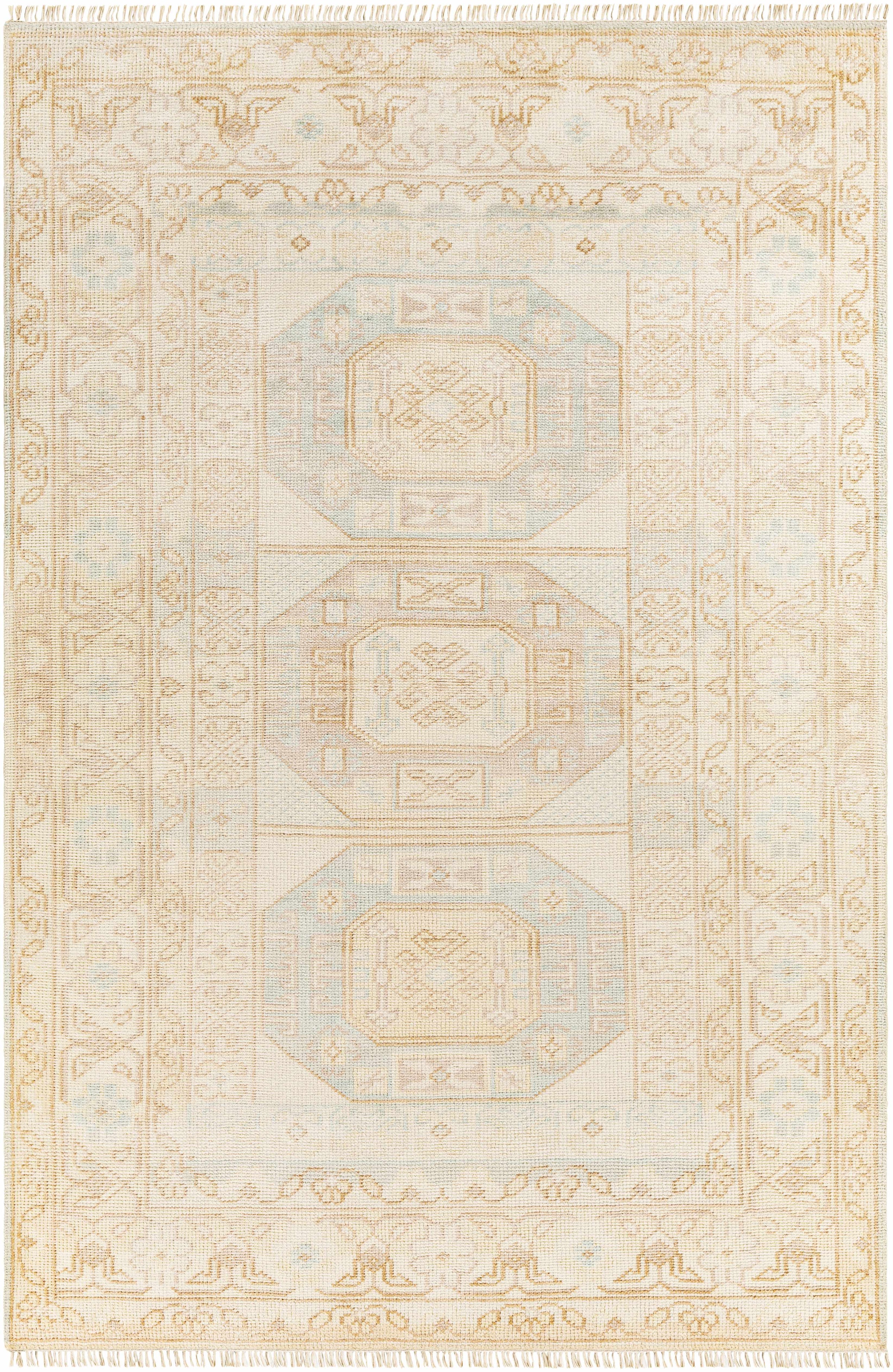 Ice Blue Hand Knotted 70% Wool, 30% Viscose Traditional Rectangle Handmade rug, Indoor use only, has fringe, non-washable.