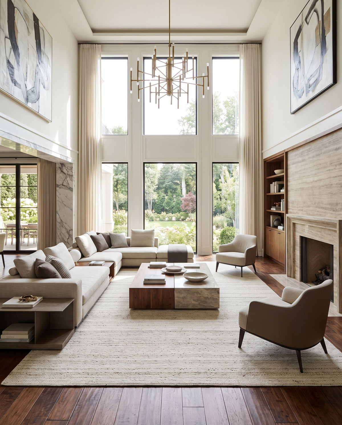 Verna VRA-2300 Hand Woven Rug as the centerpiece of a bright luxury living room — a hand woven modern area rug in cream, light gray, medium gray and taupe tones