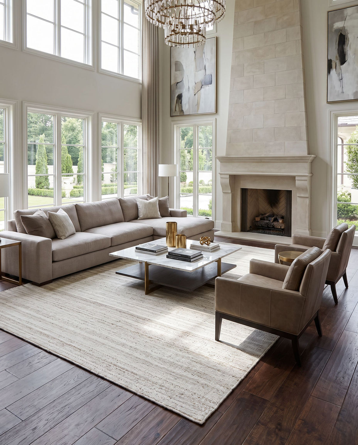 Verna VRA-2300 Hand Woven Rug styled in an elegant designer living room — hand woven modern area rug in cream, light gray, medium gray and taupe tones