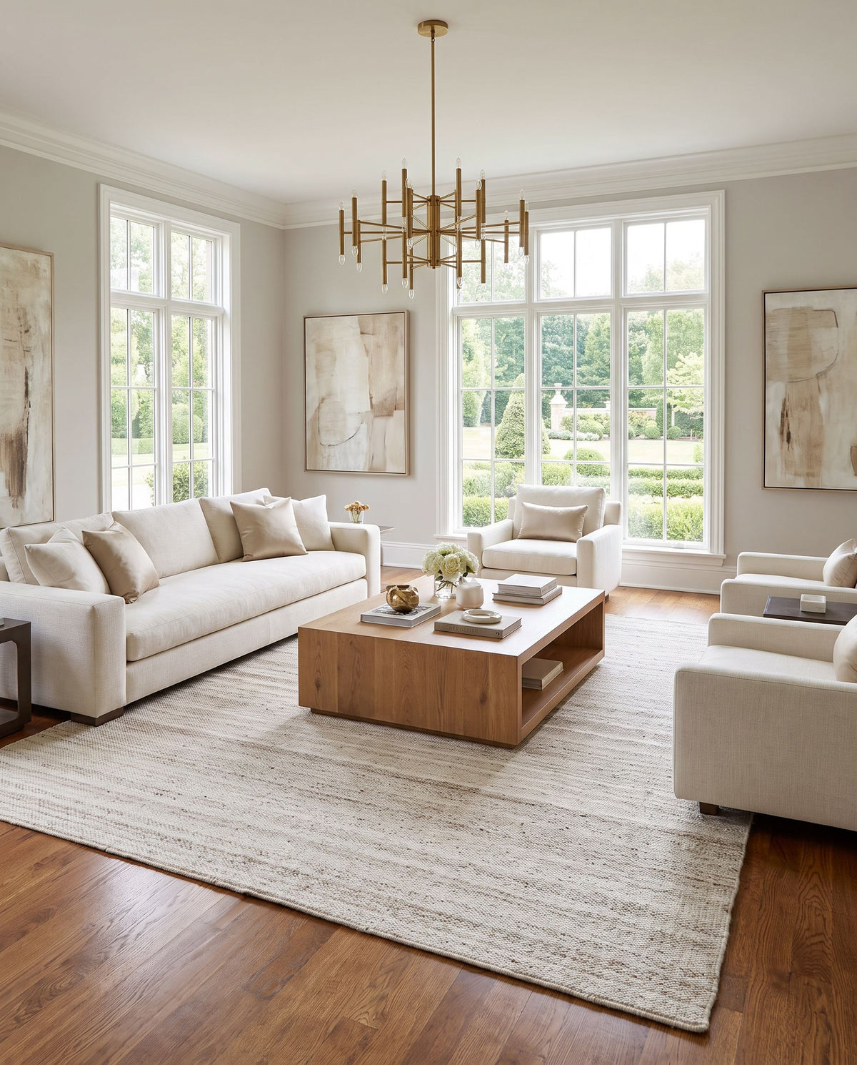 Verna VRA-2300 Hand Woven Rug styled in an elegant designer living room — hand woven modern area rug in cream, light gray, medium gray and taupe tones