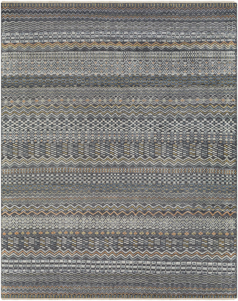 Charcoal Hand Knotted 60% Wool, 40% Viscose Global Rectangle Handmade rug, Indoor use only, has fringe, non-washable.
