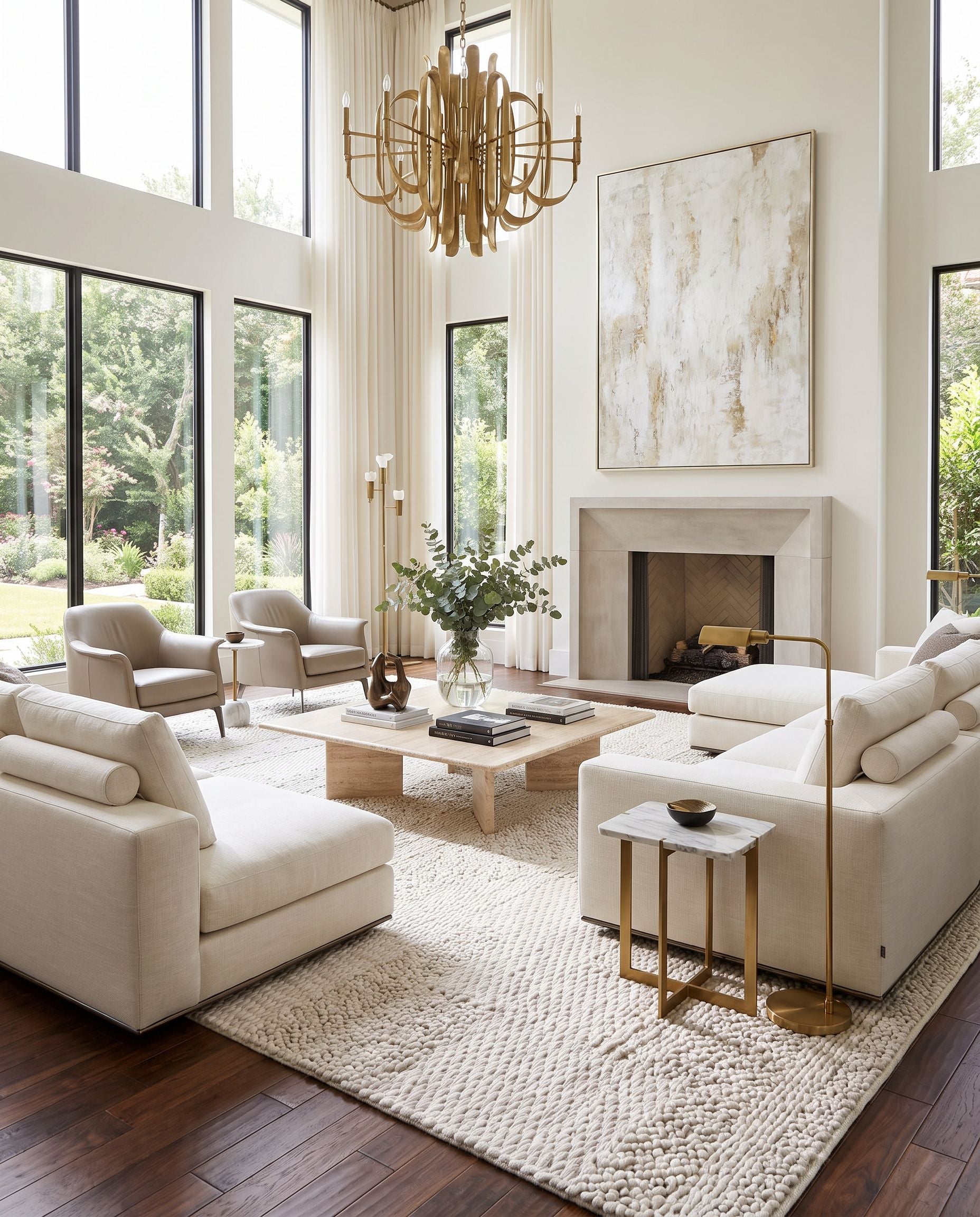 Vesta VST-2301 Hand Woven Rug as the centerpiece of a bright luxury living room — a hand woven modern area rug in light gray tones