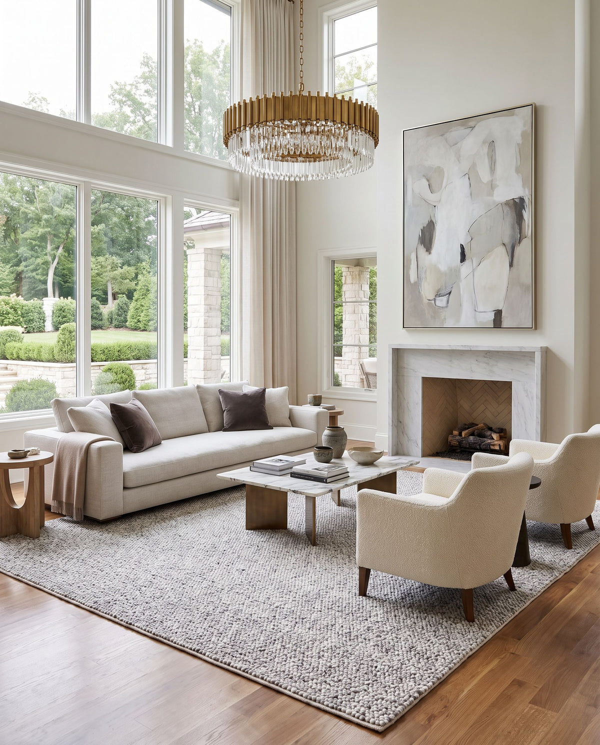 Vesta VST-2302 Hand Woven Rug as the centerpiece of a bright luxury living room — a hand woven modern area rug in light gray and dark brown tones