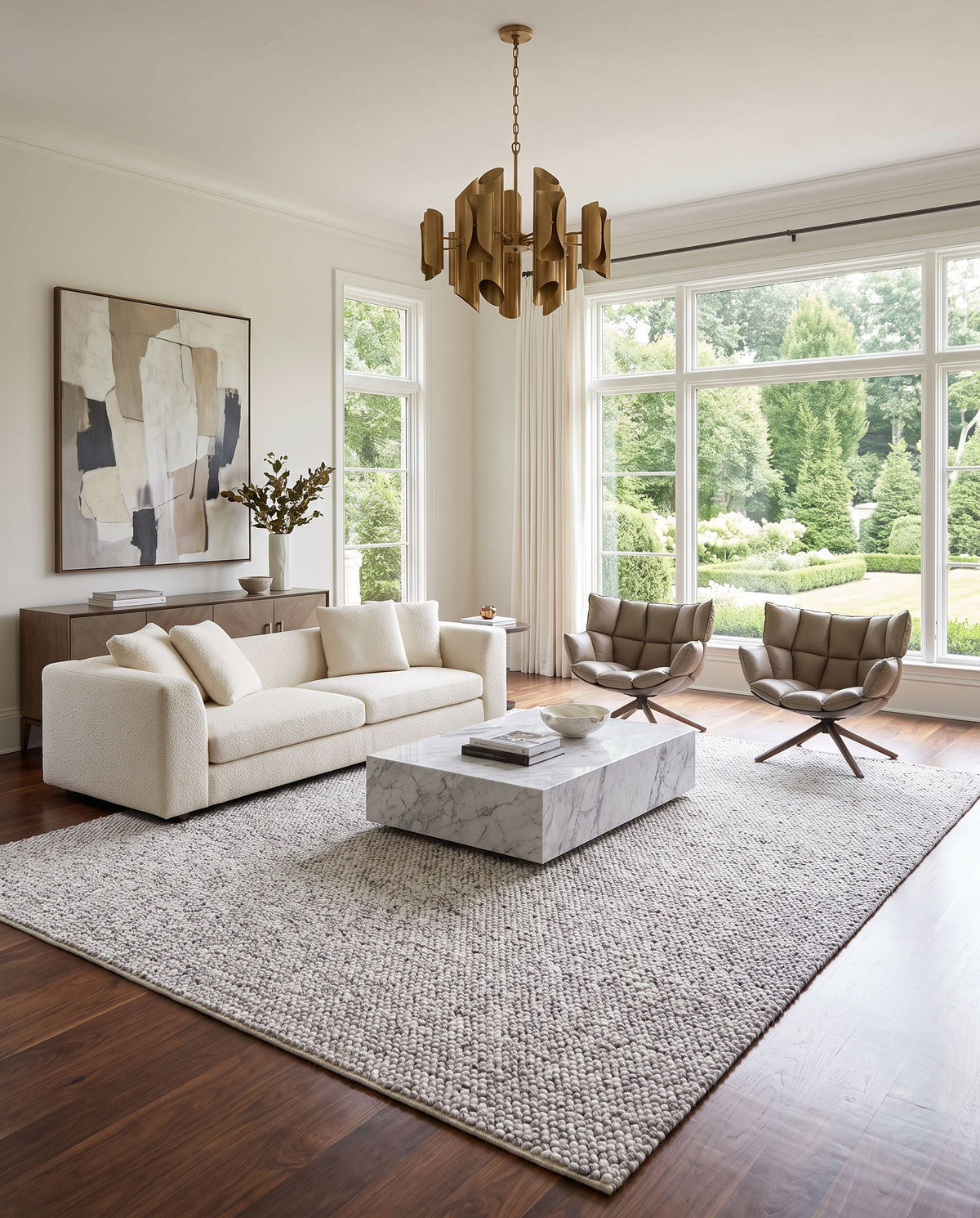 Vesta VST-2302 Hand Woven Rug styled in an elegant designer living room — hand woven modern area rug in light gray and dark brown tones