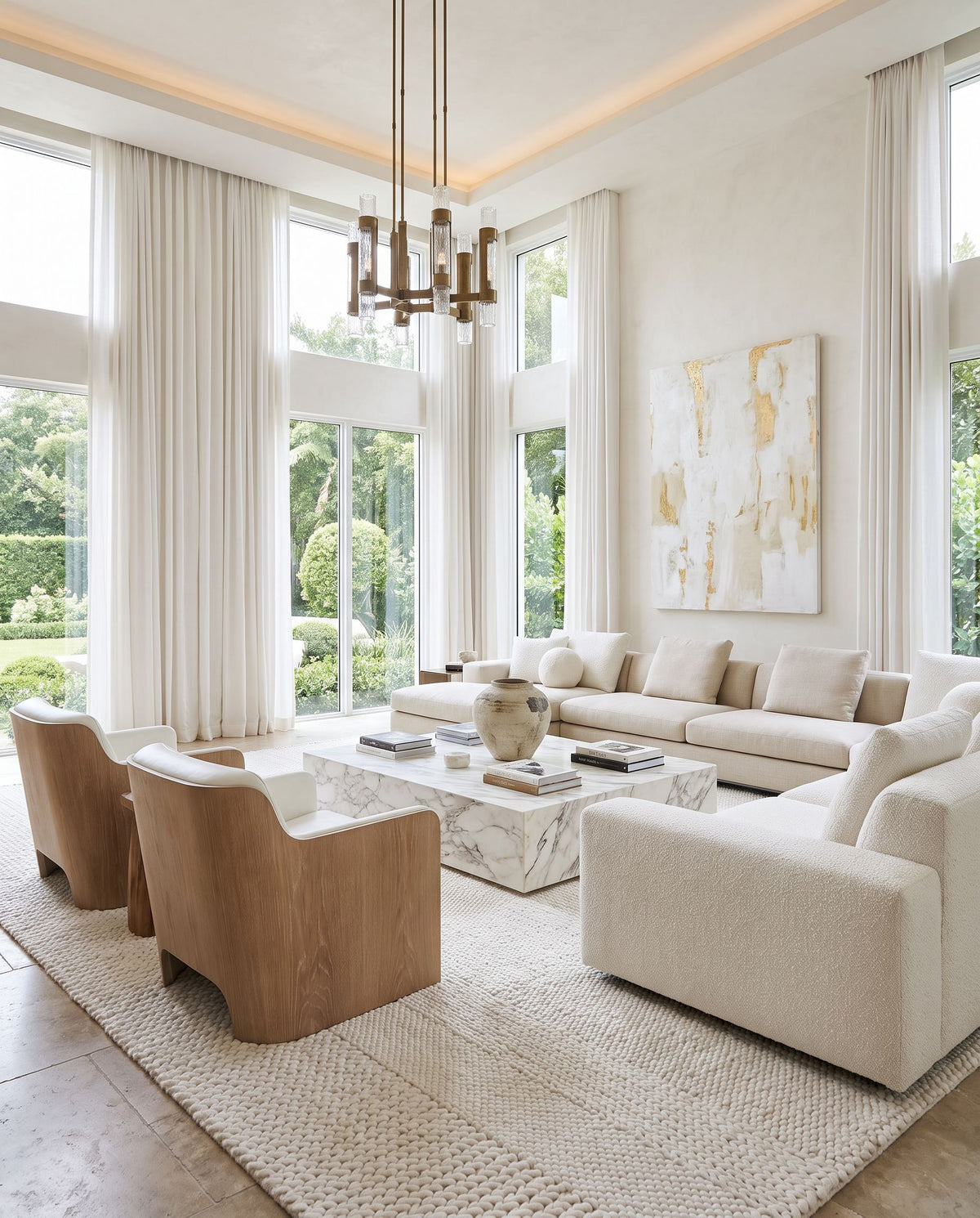 Mae VVMA-2300 Hand Woven Rug as the centerpiece of a bright luxury living room — a hand woven modern area rug in ivory, sandstone and pearl tones
