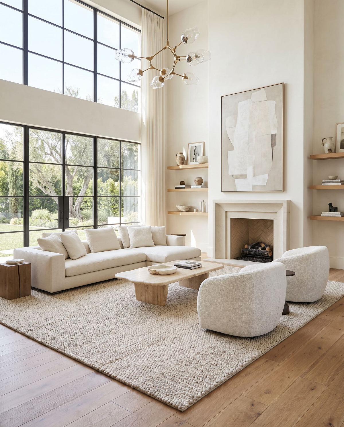 Mae VVMA-2301 Hand Woven Rug as the centerpiece of a bright luxury living room — a hand woven modern area rug in beige, taupe and sandstone tones