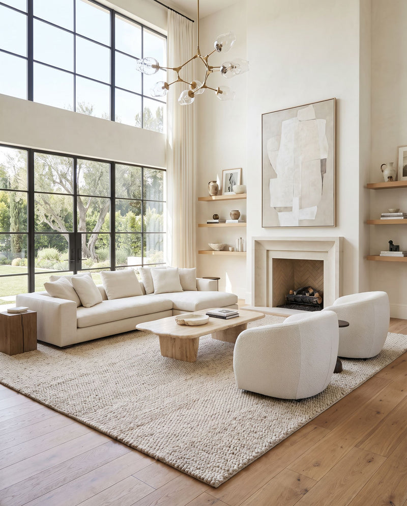 Mae VVMA-2301 Hand Woven Rug as the centerpiece of a bright luxury living room — a hand woven modern area rug in beige, taupe and sandstone tones