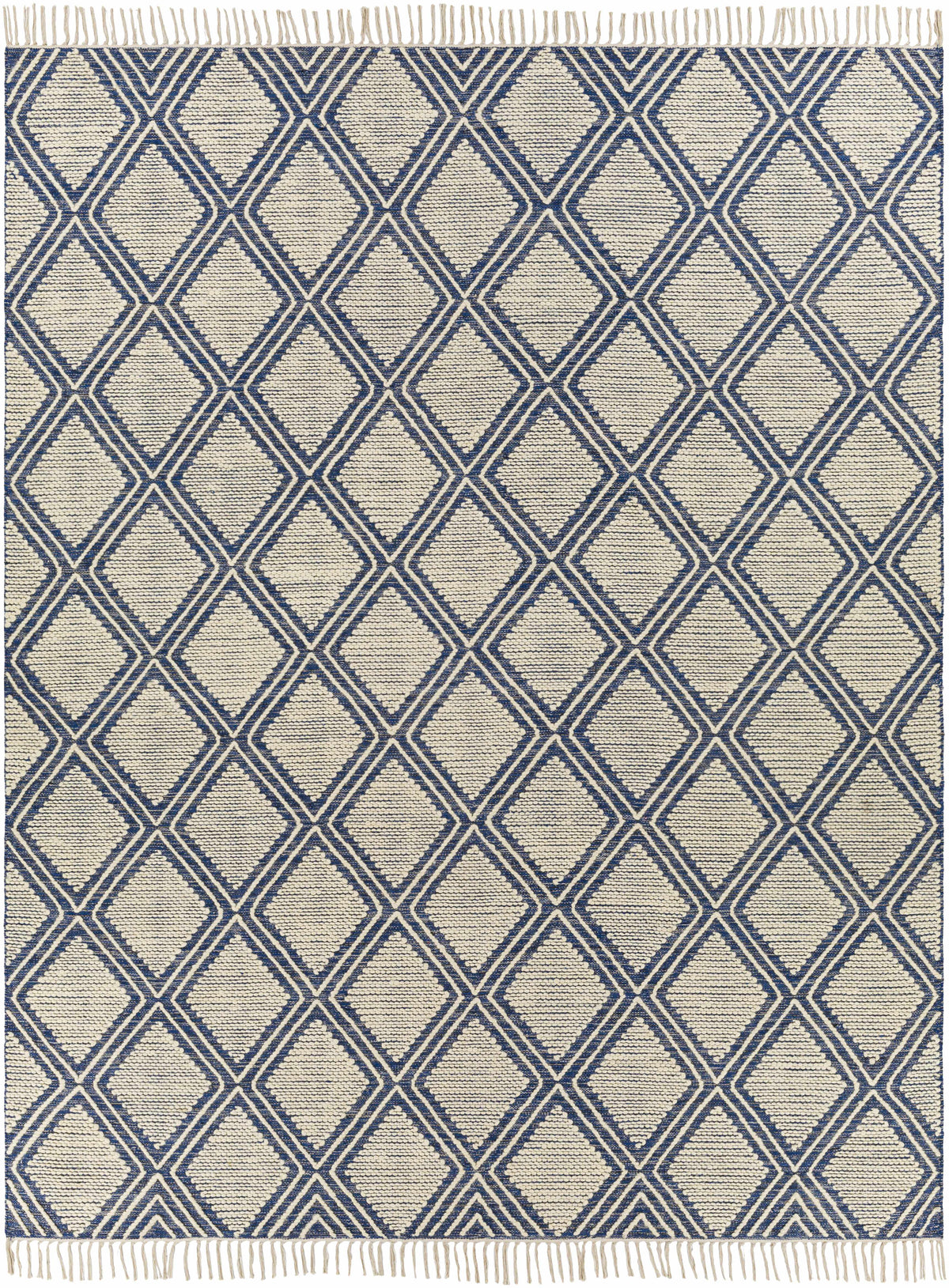 Blue Hand Woven 70% Cotton, 30% Wool Global Rectangle Handmade rug, Indoor use only, has fringe, non-washable.