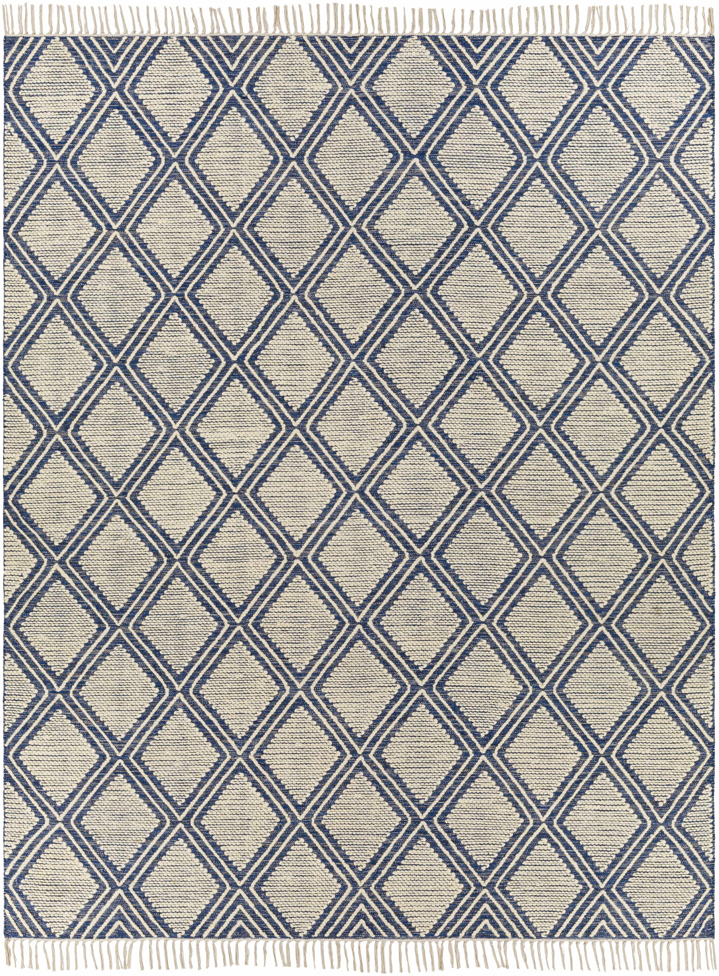 Blue Hand Woven 70% Cotton, 30% Wool Global Rectangle Handmade rug, Indoor use only, has fringe, non-washable.