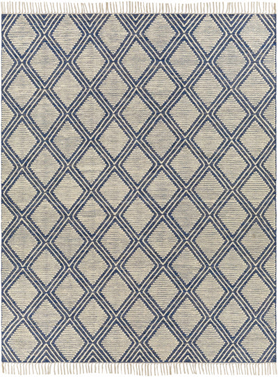 Blue Hand Woven 70% Cotton, 30% Wool Global Rectangle Handmade rug, Indoor use only, has fringe, non-washable.